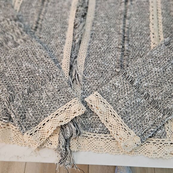 Mary McFadden Open Front Cardigan Large Boho Fringe Lace Tweed Gray - Picture 5 of 9